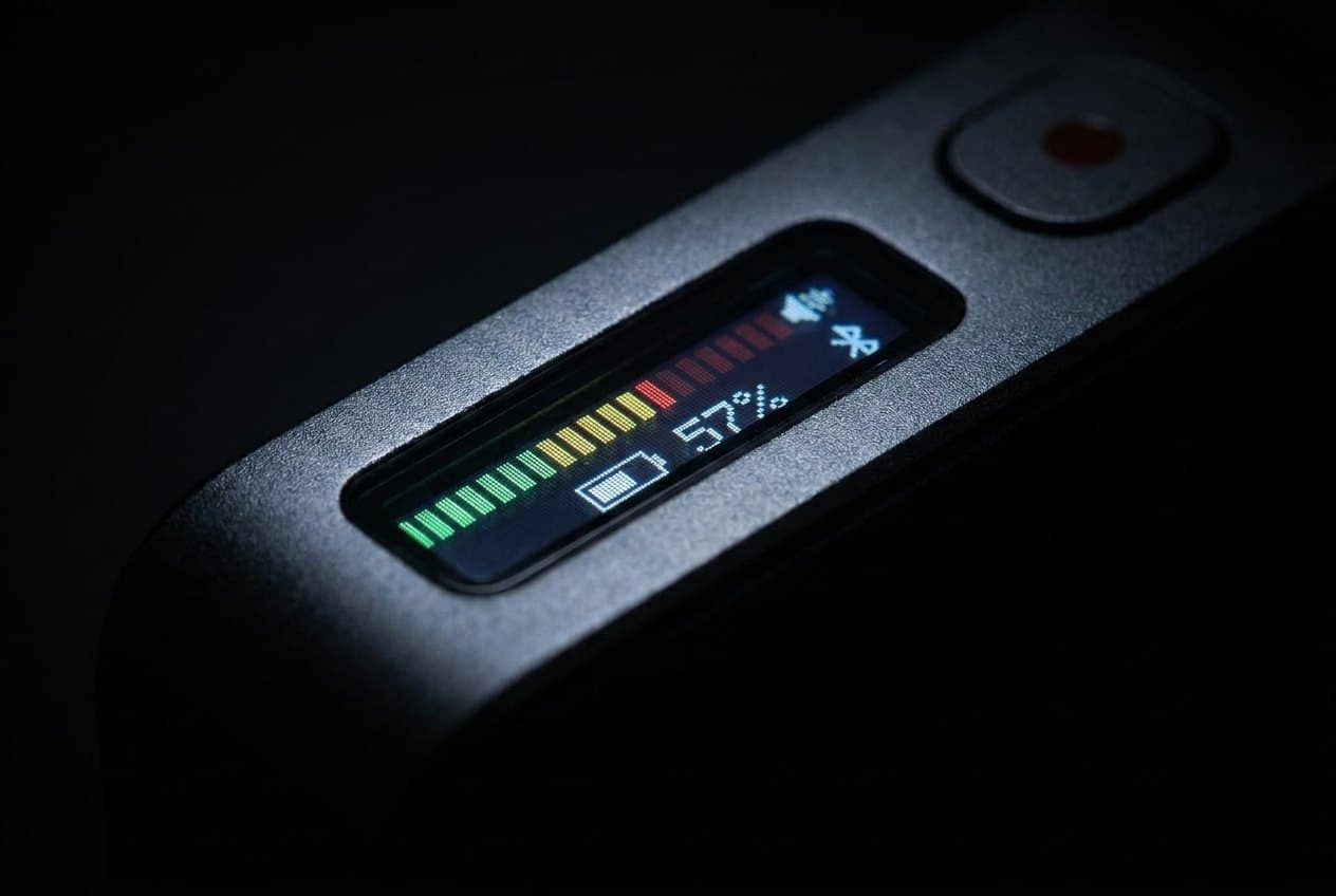 Macro of the display, lit — a live audio meter, the battery level and the connection status.