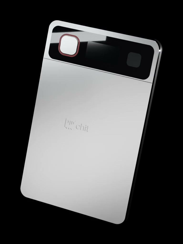 chit one slowly turning to show its aluminium body and thin edge — product rendering
