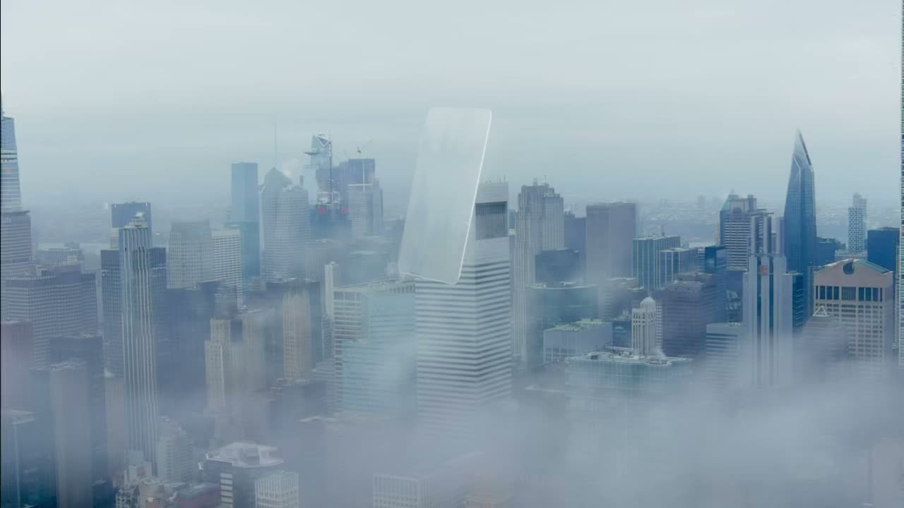 A chit card floating above a city under fog, reflecting the skyline.